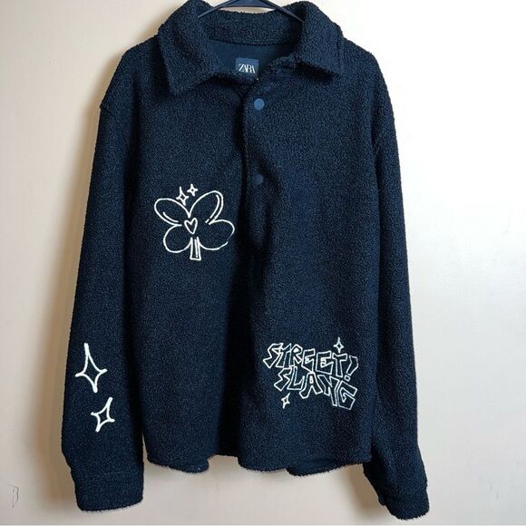 Zara Black Embroidered Faux Shearling Streetwear Utility Overshirt Size L/XL - Picture 8 of 16